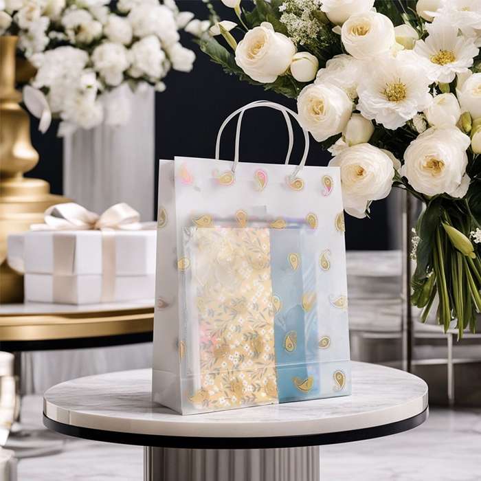 Transparent Multiple Leaves Printed Luxury Gift Bag with Slit Pocket and Loop Handle