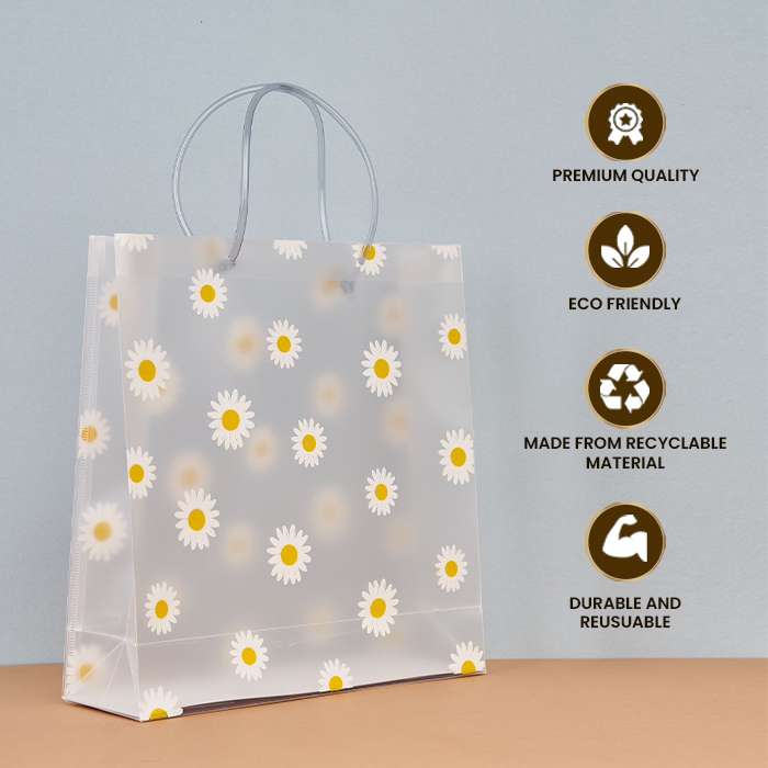 Transparent Multiple Flowers Printed Luxury Gift Bag with Slit Pocket and Loop Handle