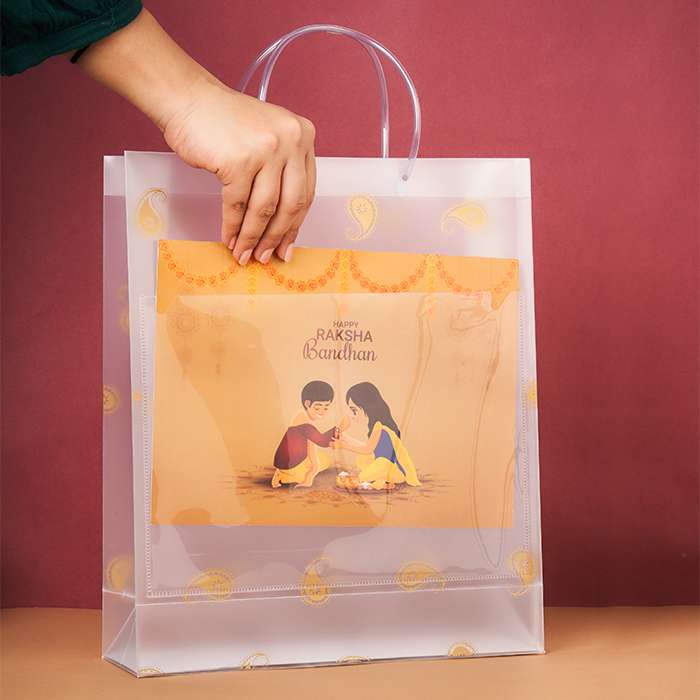 Transparent Multiple Leaves Printed Luxury Gift Bag with Slit Pocket and Loop Handle