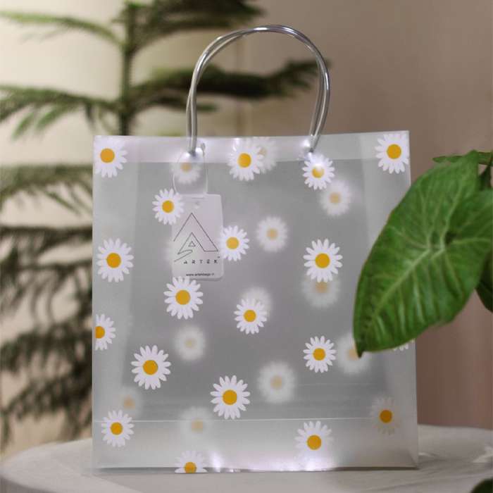 Transparent Multiple Flowers Printed Luxury Gift Bag with Slit Pocket and Loop Handle