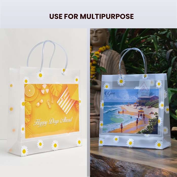 Transparent Multiple Flowers Printed Luxury Gift Bag with Slit Pocket and Loop Handle