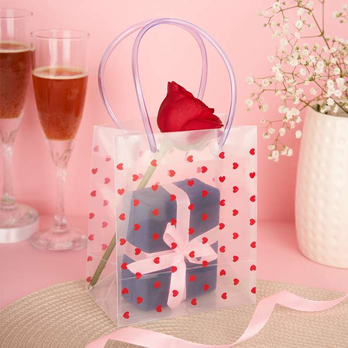 Red Heart Valentines Day Transparent Gift Bag with Loop Handle