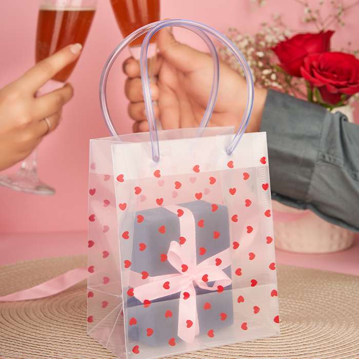 Red Heart Valentines Day Transparent Gift Bag with Loop Handle